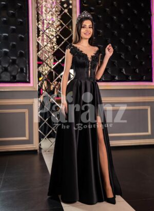 Womens glam black rich satin evening party gown with side slit skirt and lacy bodice