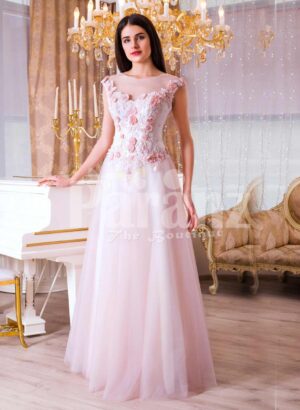 Womens light pink evening gown with long tulle skirt and pink flower appliquéd bodice