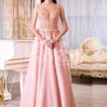 Womens long evening glam gown with royal rhinestone bodice in peach hue