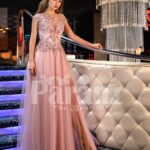 Womens metal pink side slit evening gown with floral rhinestone appliquéd royal bodice