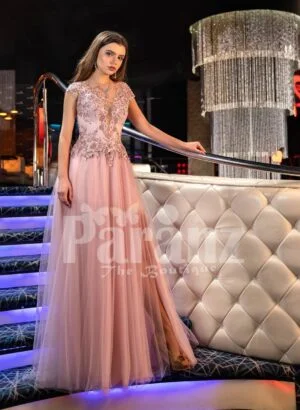 Womens metal pink side slit evening gown with floral rhinestone appliquéd royal bodice