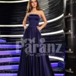 Womens navy floor length rich satin evening gown with stylish off-shoulder bodice