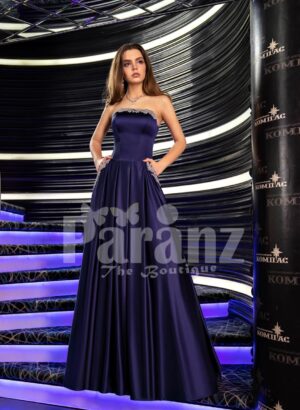 Womens navy floor length rich satin evening gown with stylish off-shoulder bodice