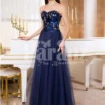 Womens off-shoulder evening gown with glitz sequin bodice and long tulle skirt in Navy