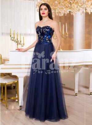 Womens off-shoulder evening gown with glitz sequin bodice and long tulle skirt in Navy
