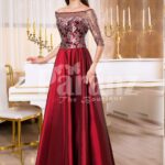 Womens off-shoulder evening gown with silver appliqués and satin maroon skirt