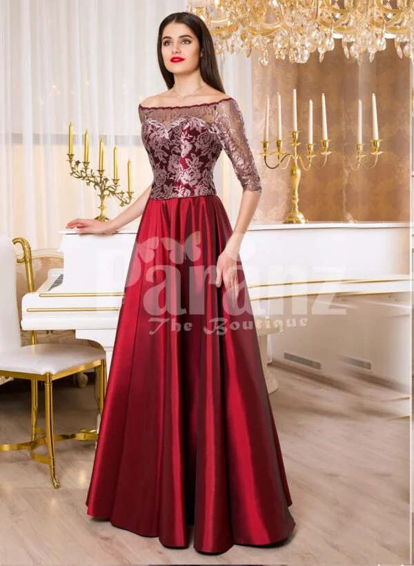 Womens off-shoulder evening gown with silver appliqués and satin maroon skirt