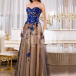 Womens off-shoulder long tulle evening gown with bright blue floral appliquéd bodice