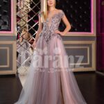 Womens off-shoulder style rich satin-tulle side slit evening gown in pink-purple