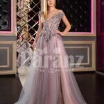 Womens off-shoulder style rich satin-tulle side slit evening gown in pink-purple