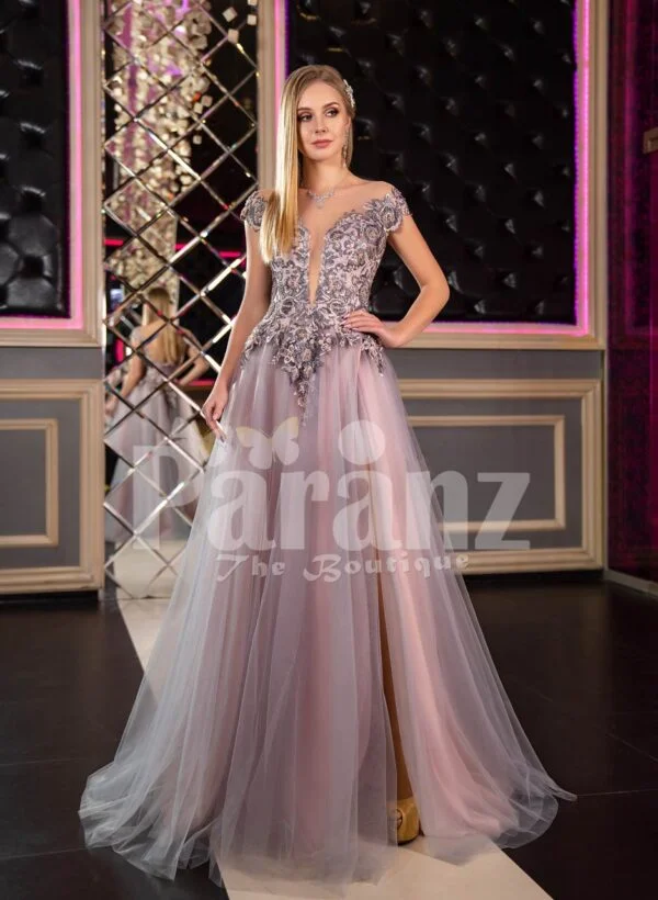 Womens off-shoulder style rich satin-tulle side slit evening gown in pink-purple