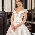 Womens off-shoulder super stylish rich satin flared wedding gown with tulle skirt underneath