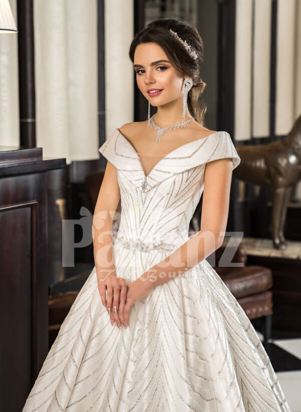 Womens off-shoulder super stylish rich satin flared wedding gown with tulle skirt underneath