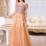 Womens peach orange sleek tulle skirt evening gown with royal sequin bodice