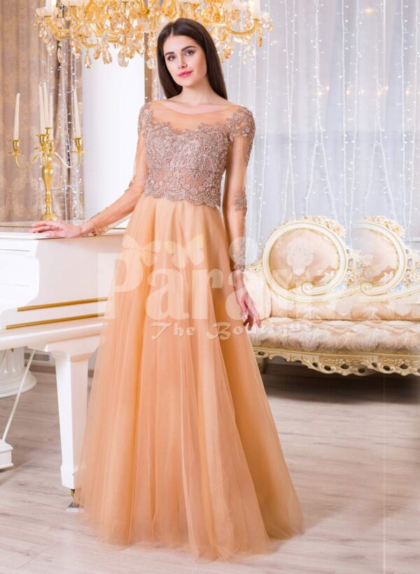 Womens peach orange sleek tulle skirt evening gown with royal sequin bodice