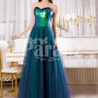 Womens peacock green off-shoulder sequin bodice evening gown with tulle skirt