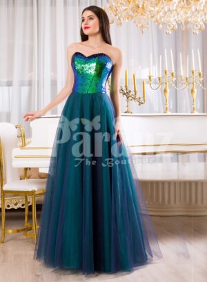 Womens peacock green off-shoulder sequin bodice evening gown with tulle skirt