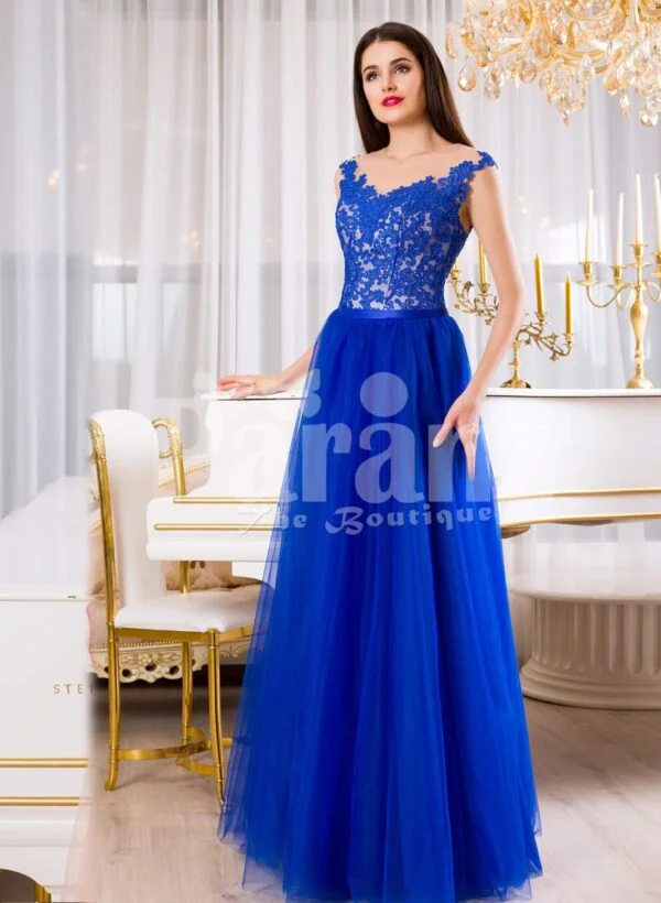 Womens pleasing royal blue sleeveless evening gown with long tulle skirt