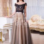 Womens rich black lace royal bodice evening gown with soft and sleek tulle skirt
