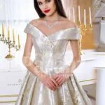 Womens rich satin flared and floor length silver satin gown with all over floral appliqués