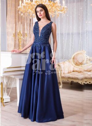 Womens rich satin long evening gown with glitz royal sleeveless bodice in navy
