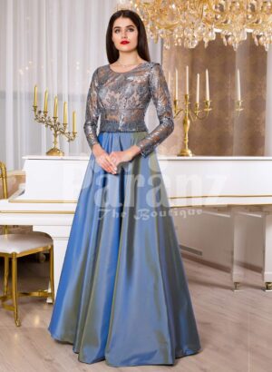 Womens rosette appliquéd sheer bodice evening gown with rich and smooth satin skirt
