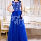 Womens royal blue elegant evening gown with long tulle skirt and lacy bodice