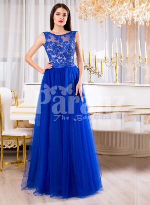 Womens royal blue elegant evening gown with long tulle skirt and lacy bodice