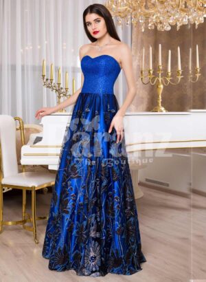 Womens royal blue off-shoulder evening gown with floral appliquéd long skirt
