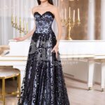 Womens satin floor length evening gown with off-shoulder bodice and all over bubble print