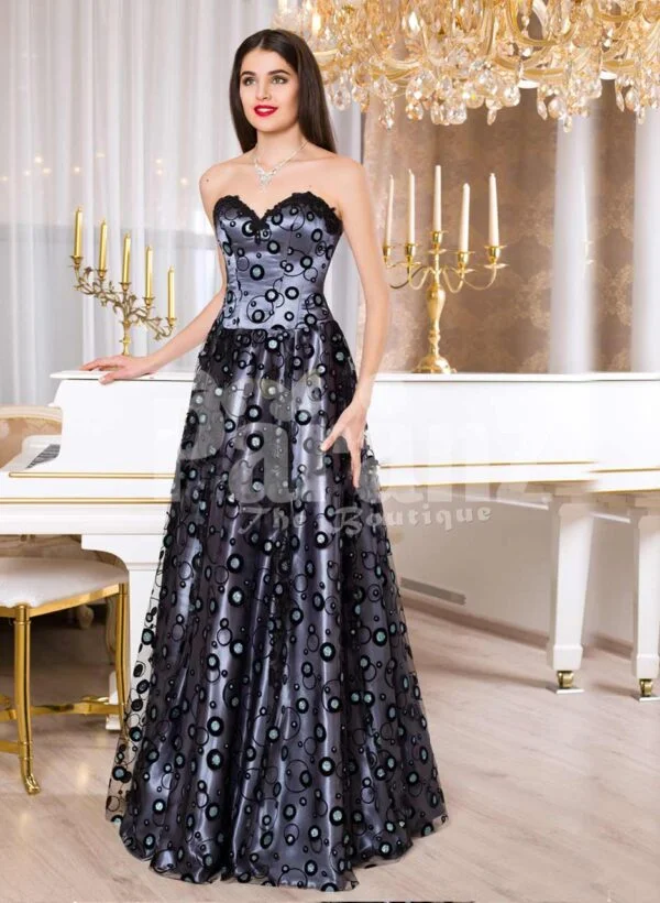 Womens satin floor length evening gown with off-shoulder bodice and all over bubble print