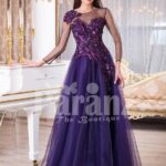 Womens sheer full sleeve evening party gown with floor length tulle skirt