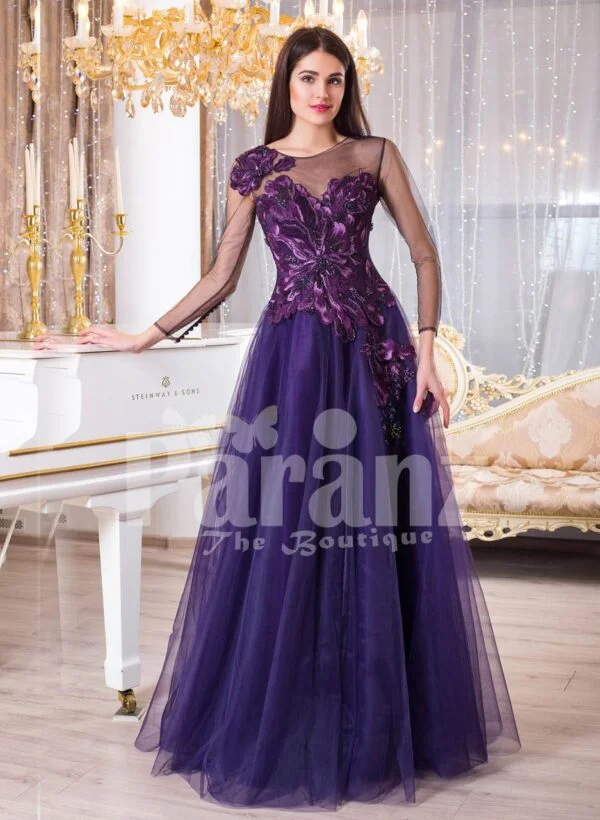 Womens sheer full sleeve evening party gown with floor length tulle skirt