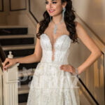Womens side slit white glitz wedding tulle gown with royal bodice
