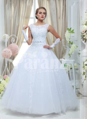 Womens simple and elegant white rich satin wedding gown with flared tulle skirt
