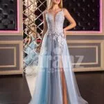 Womens sleeveless floor length tulle gown with floral appliquéd royal bodice