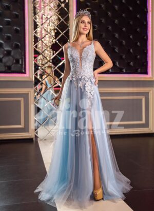 Womens sleeveless floor length tulle gown with floral appliquéd royal bodice