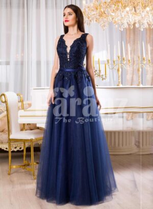 Womens sleeveless navy floor length gown with rich rhinestone studded bodice