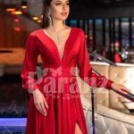 Womens soft and smooth deep red evening gown with side slit skirt and full sleeves