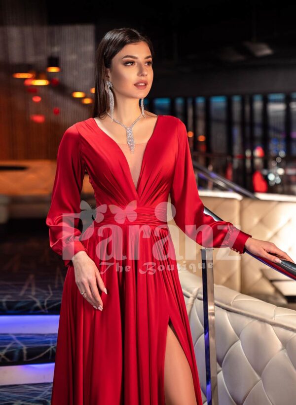 Womens soft and smooth deep red evening gown with side slit skirt and full sleeves