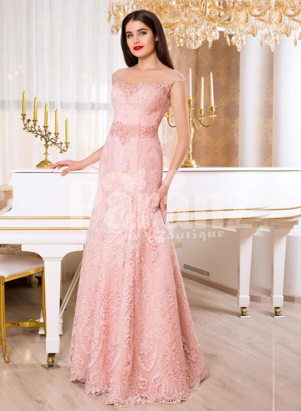 Women’s soft light pink mermaid style rich satin gown with same hue appliqués is presently available at Paranz with lots of size options.