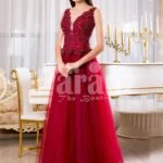 Womens soft maroon floor length tulle skirt gown with rich rhinestone bodice