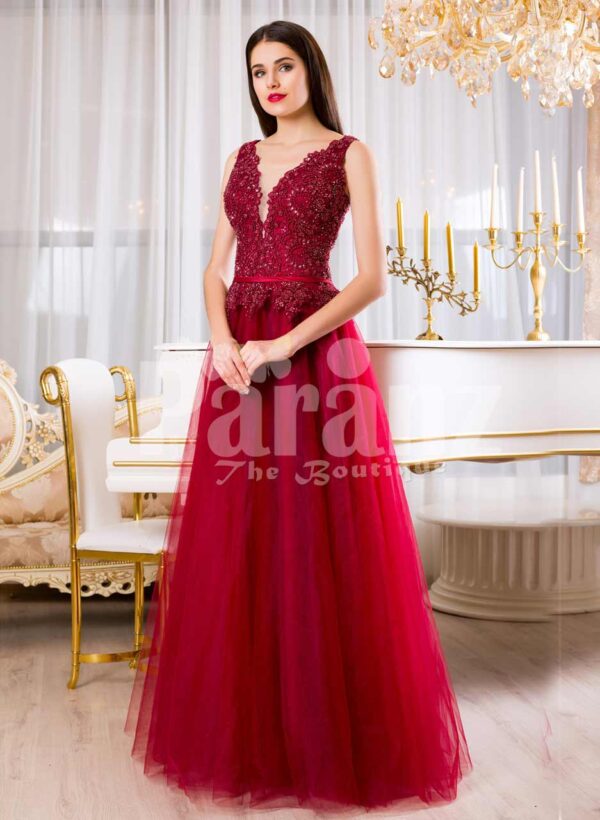 Womens soft maroon floor length tulle skirt gown with rich rhinestone bodice
