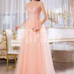 Womens soft peach long tulle skirt evening gown with threaded appliquéd bodice