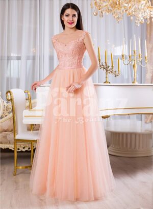 Womens soft peach long tulle skirt evening gown with threaded appliquéd bodice