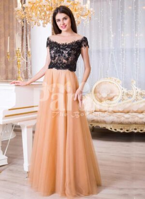 Womens stunning evening gown with lacy black bodice and long peach tulle skirt