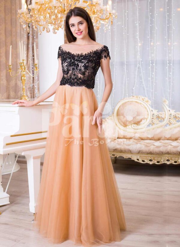 Womens stunning evening gown with lacy black bodice and long peach tulle skirt