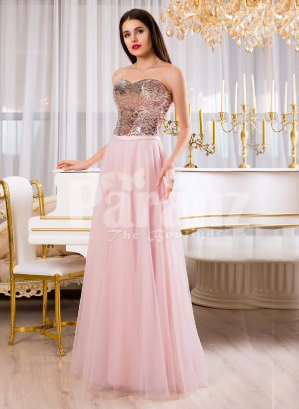 Womens super glam evening gown with silver sequin bodice with pink tulle skirt