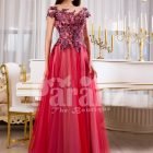 Womens super glam floor length tulle skirt evening gown with floral appliquéd bodice