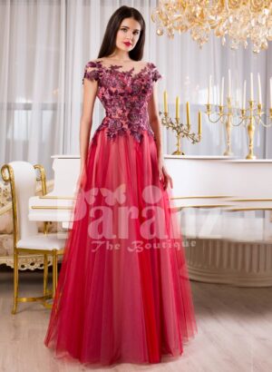 Womens super glam floor length tulle skirt evening gown with floral appliquéd bodice